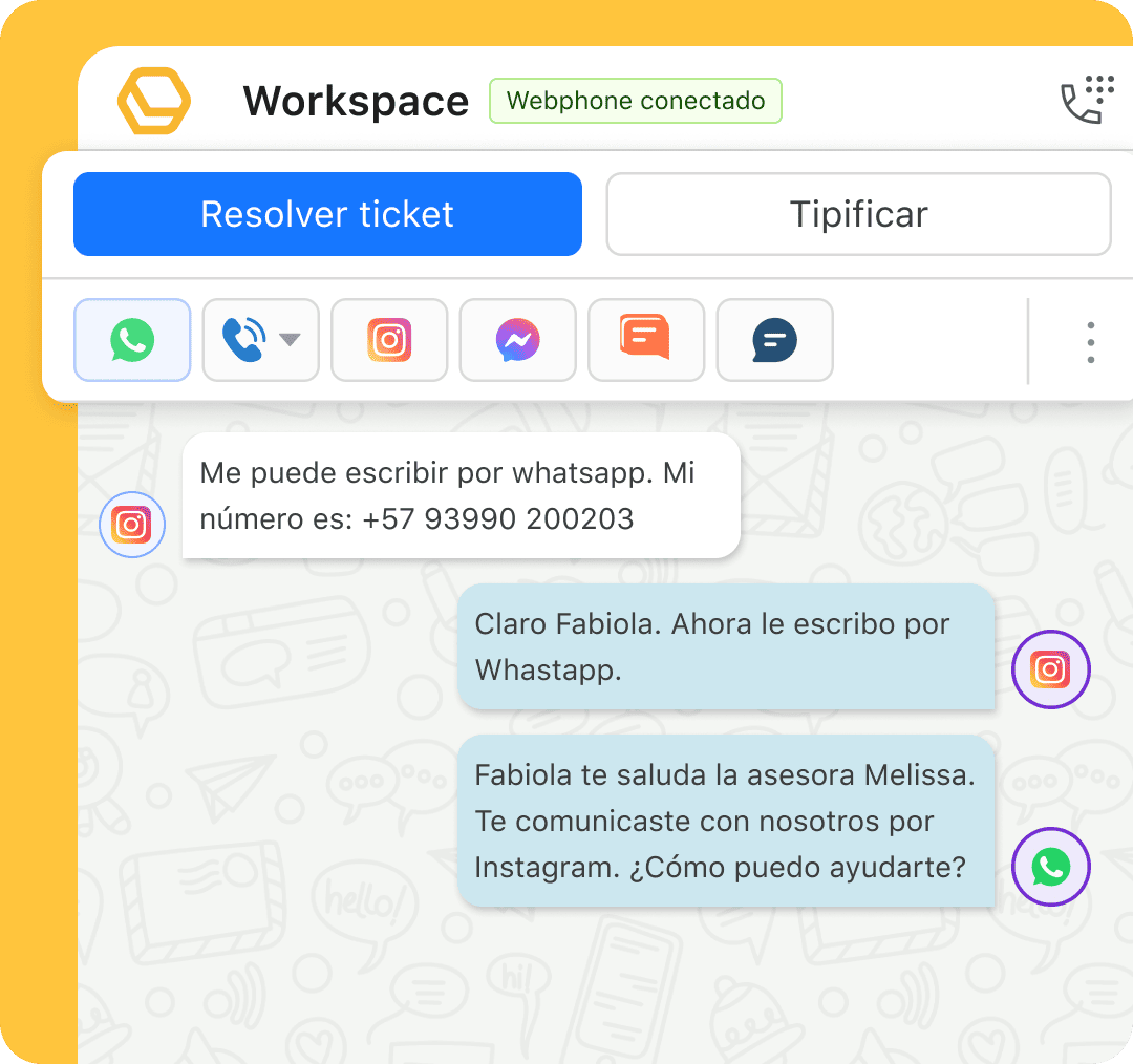 Bandeja única con conversaciones de WhatsApp, redes sociales y chat web